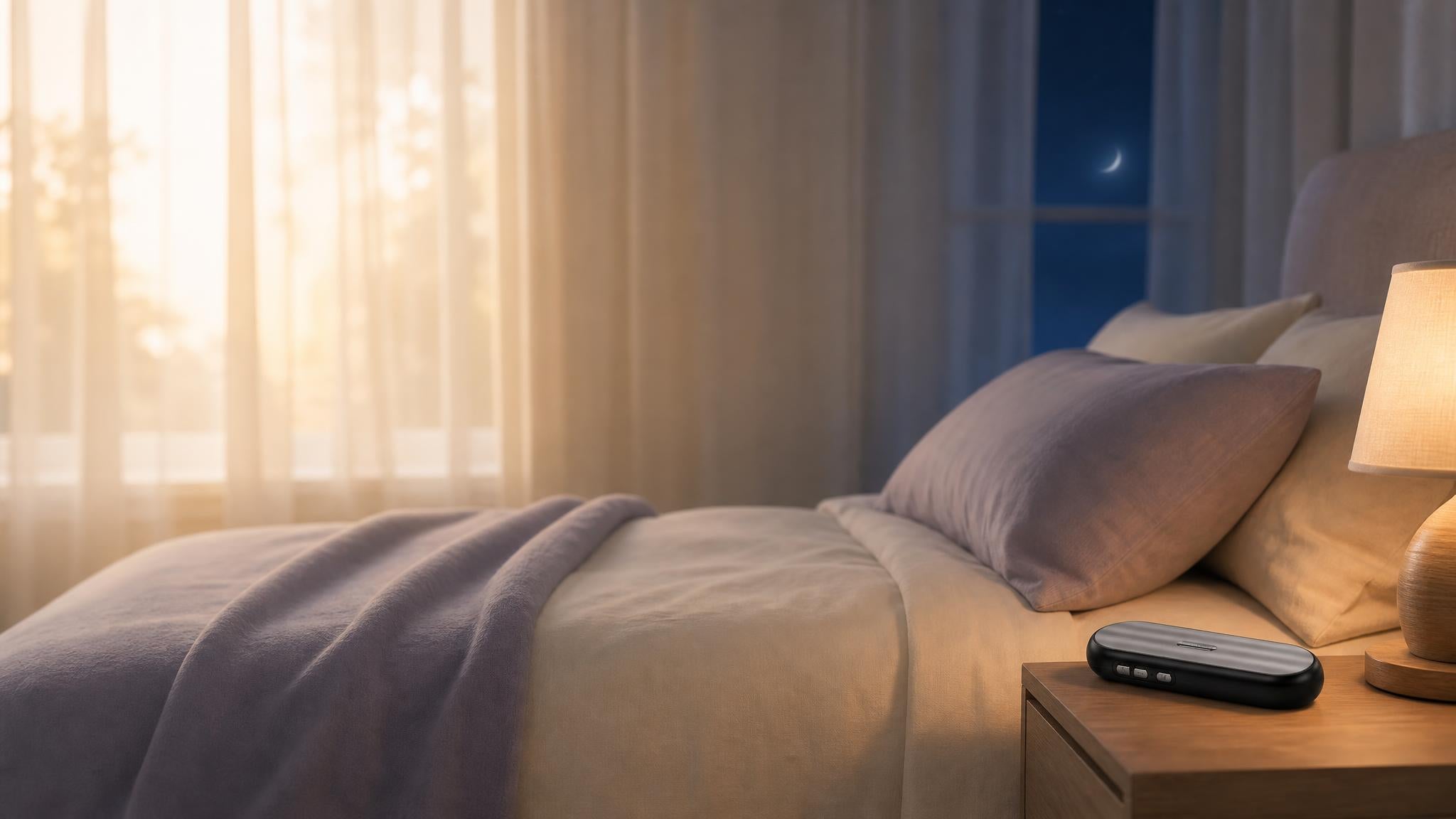 Bedroom at sunrise with the speaker on the nightstand